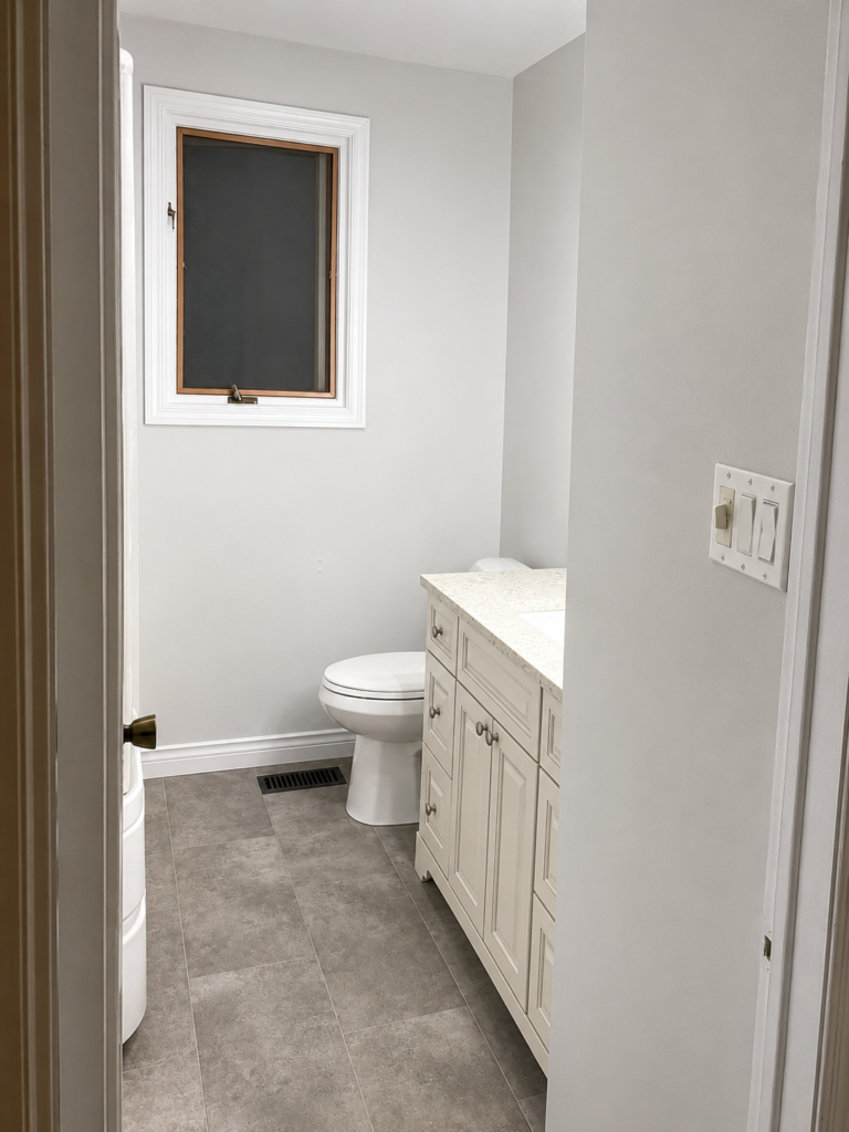 Bathroom finishing work around ceiling fixtures.