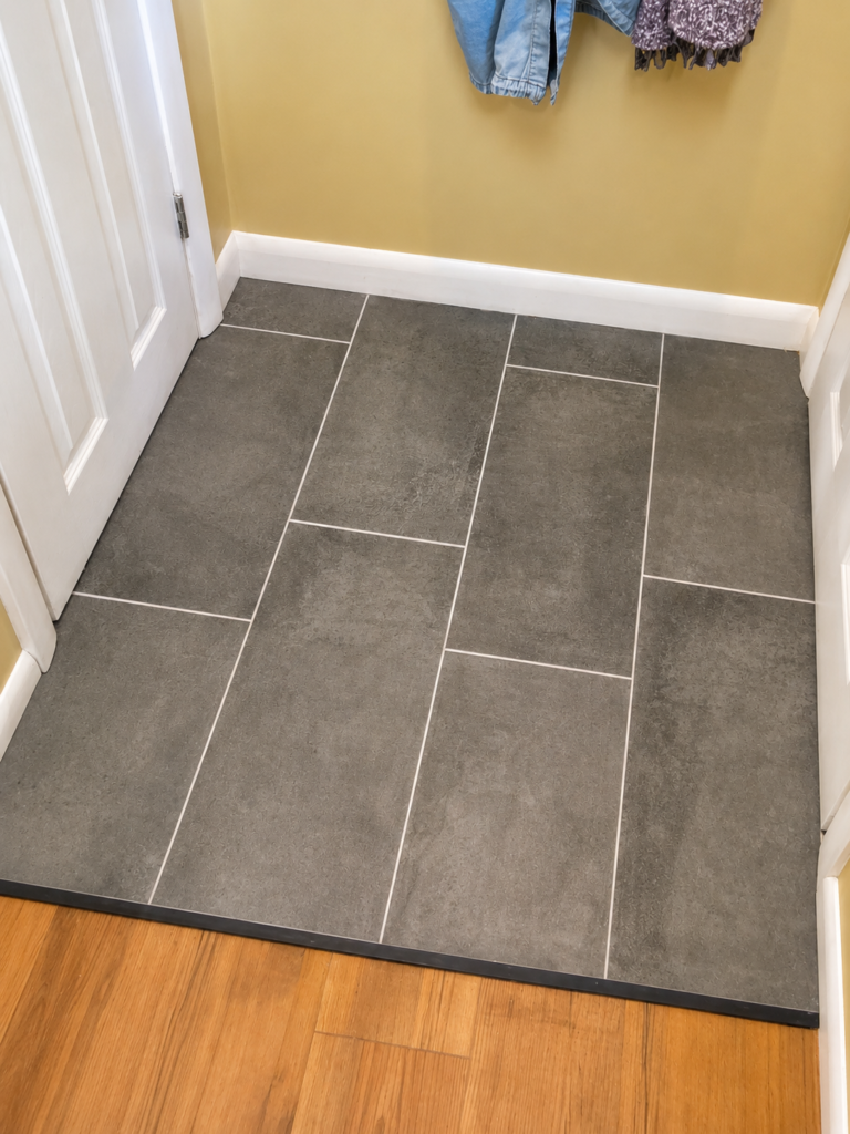 Dark entryway floor tile installed with clean grout lines.