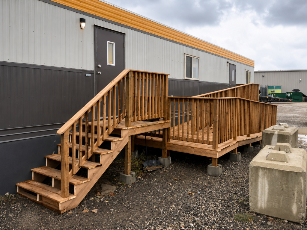 Wood deck and ramp build outside a building.
