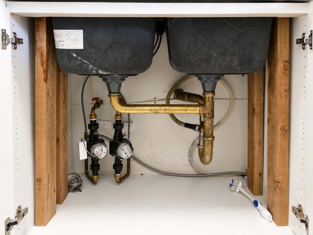 Under-sink plumbing fixture repair with new fittings.