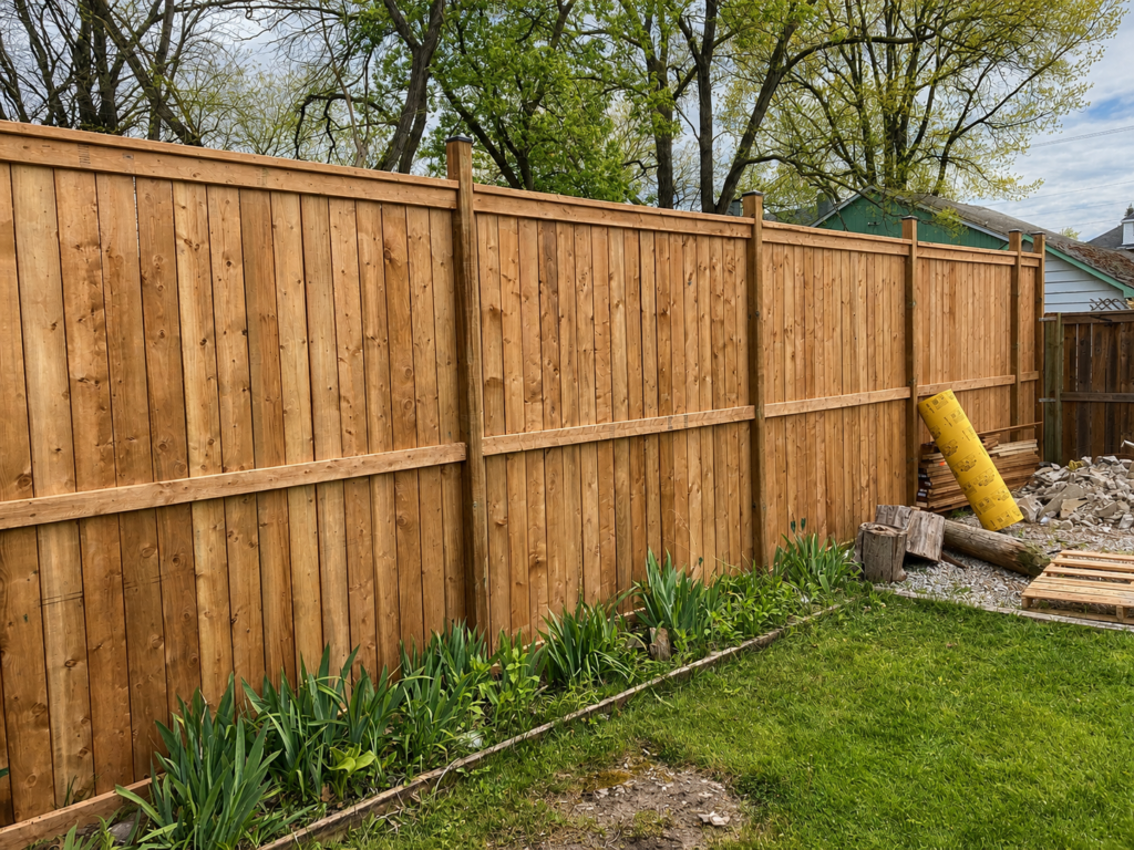 New wooden privacy fence installed along a backyard.